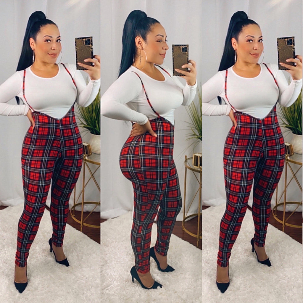 2 Piece Red Plaid Jumpsuit Set