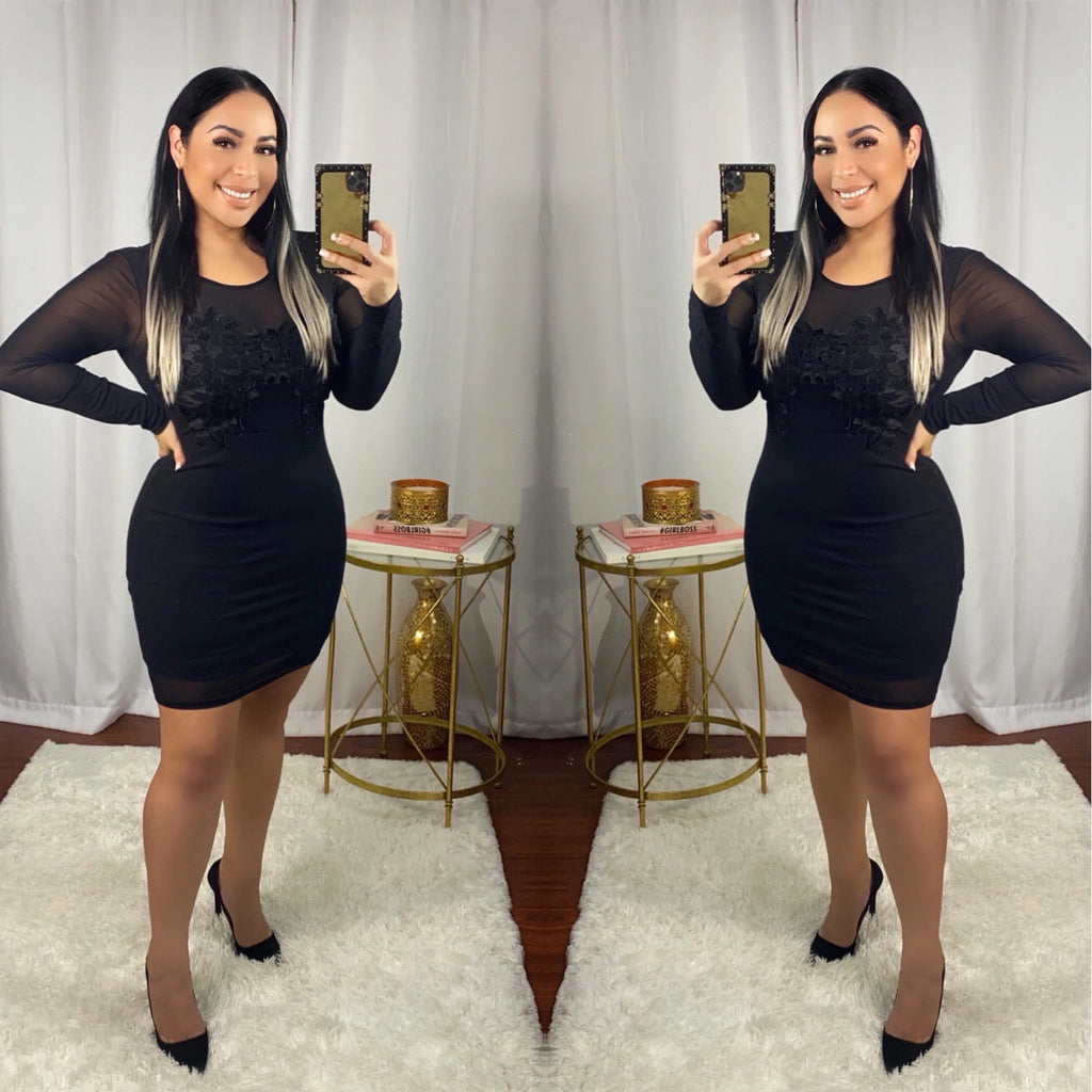 Black Floral Crochet Bodycon Dress