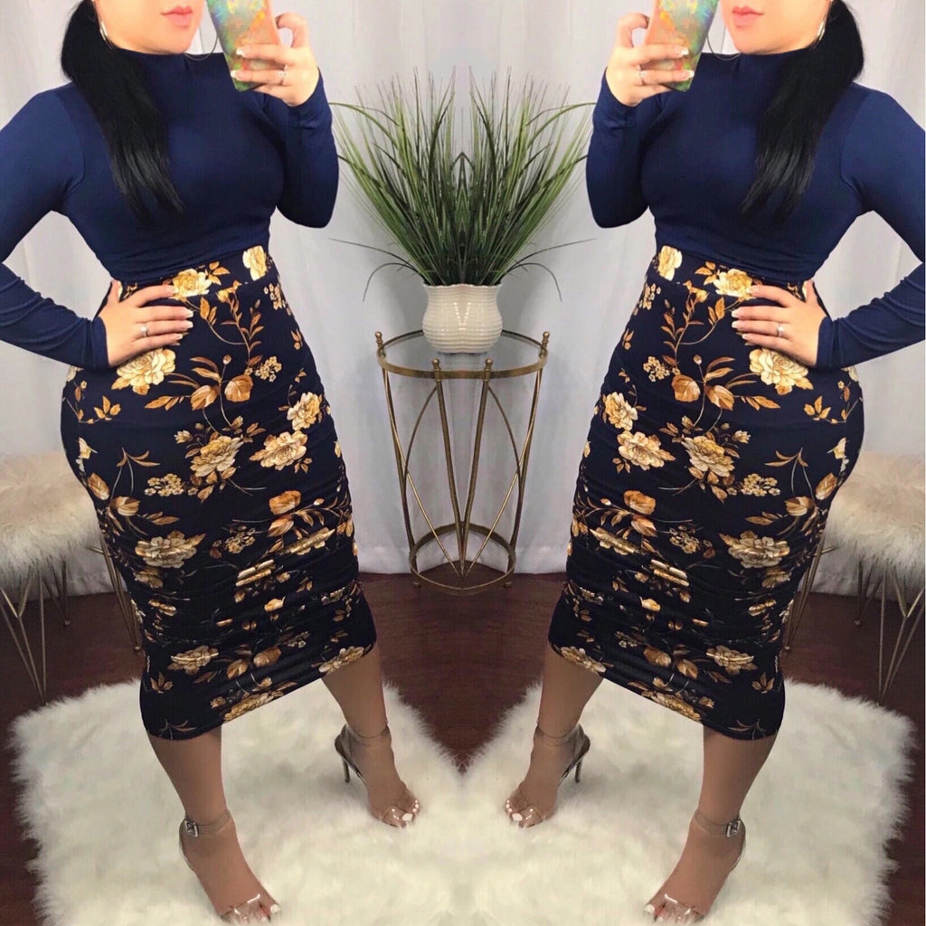 Navy Floral Ruched Pencil Skirt