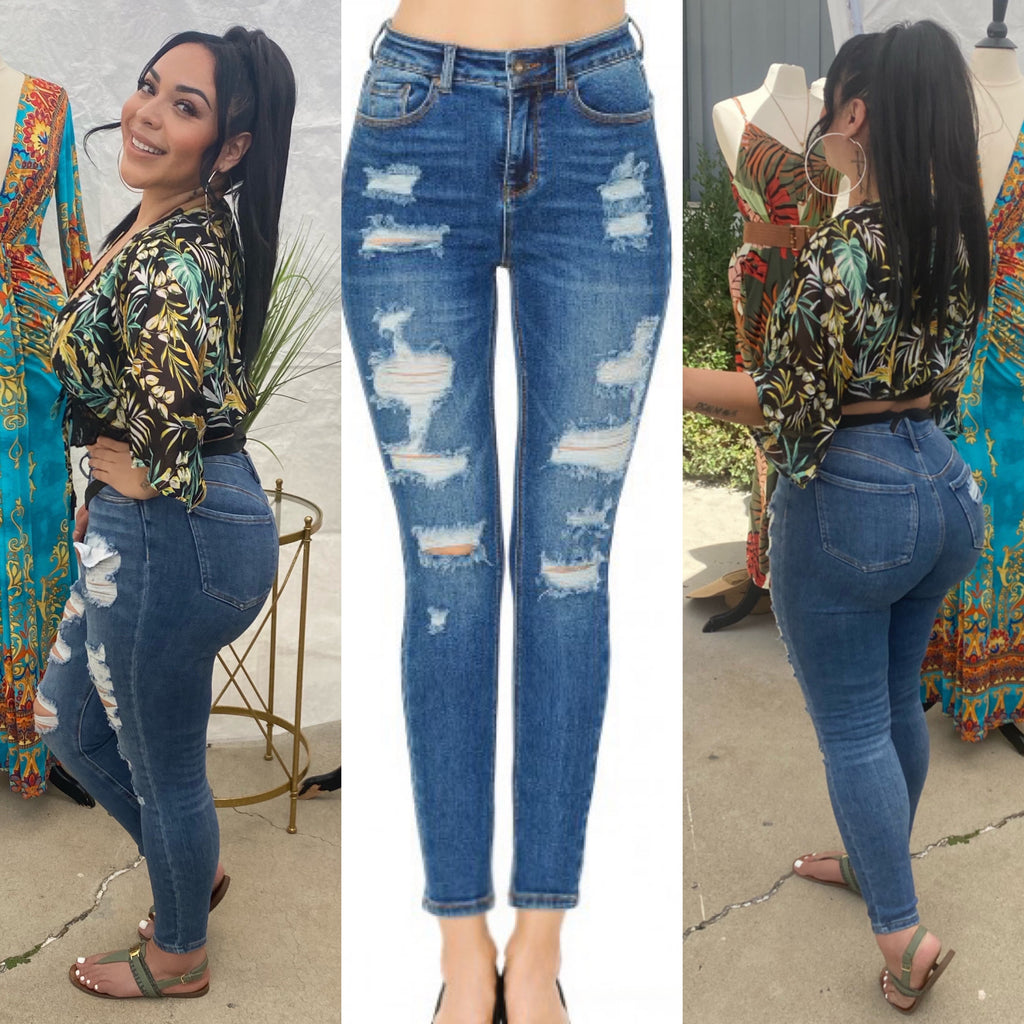 Medium Wash Push Up Butt Lifting Distressed Skinny Jeans