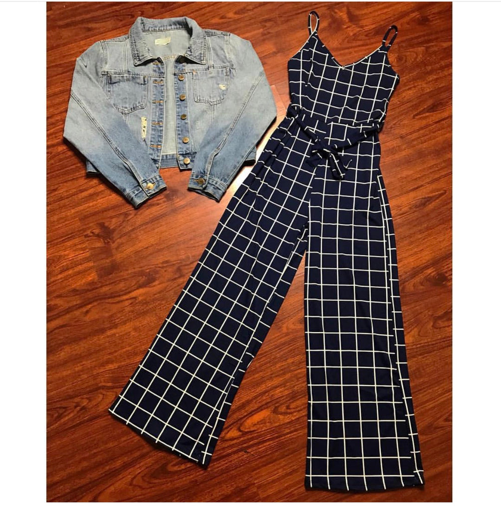 Navy Grid Cami Jumpsuit