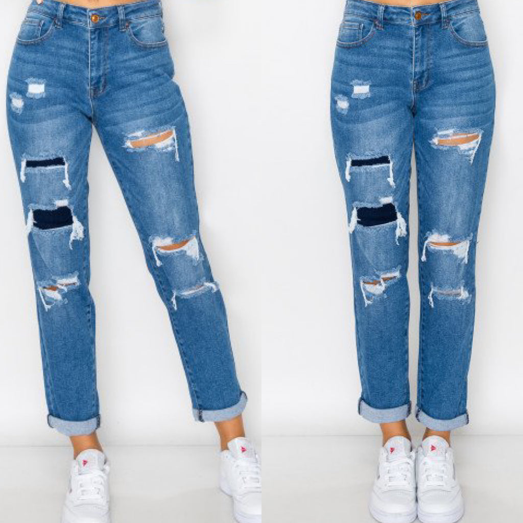 Dark Rip Repair Boyfriend Jeans