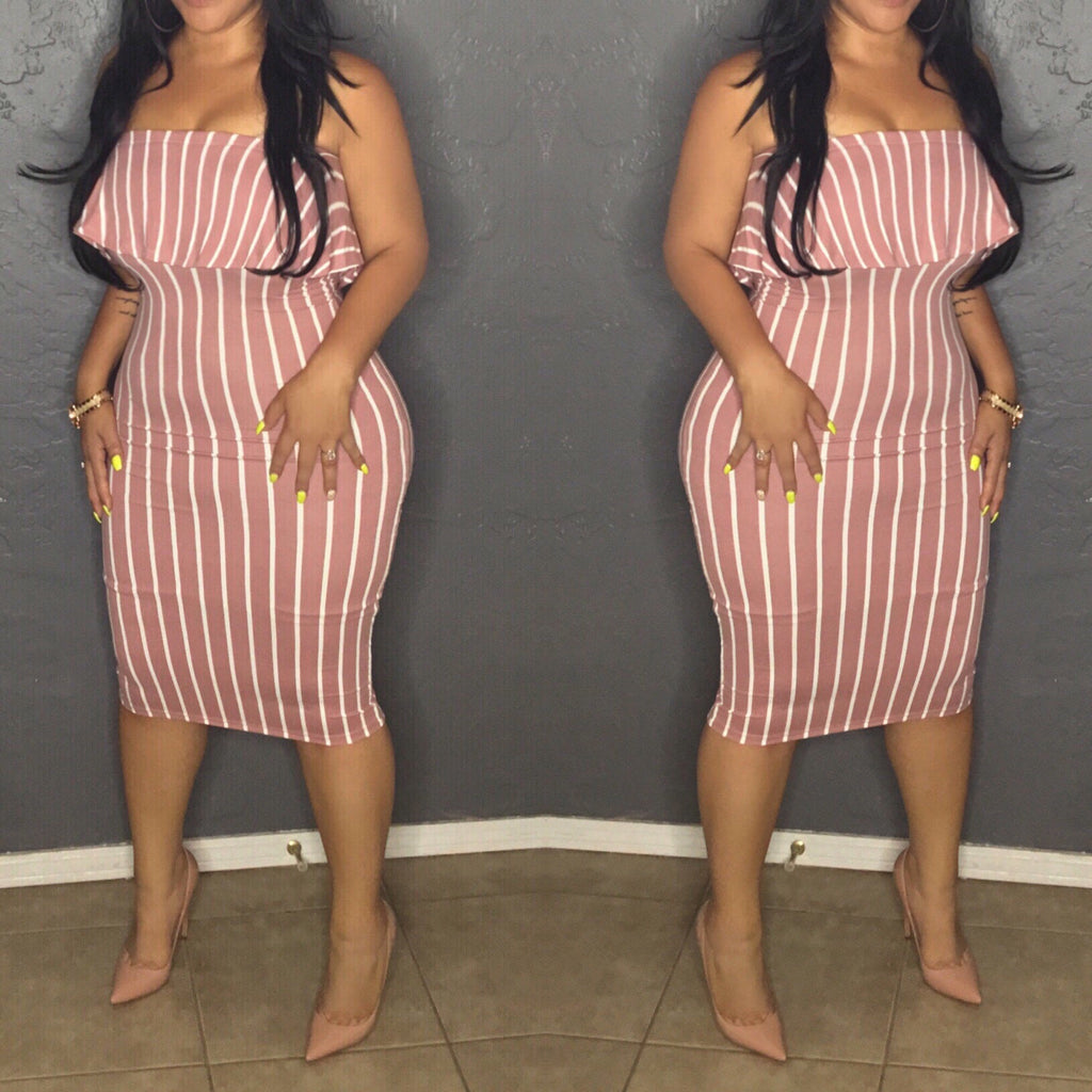 Blush Striped Off Shoulder Dress