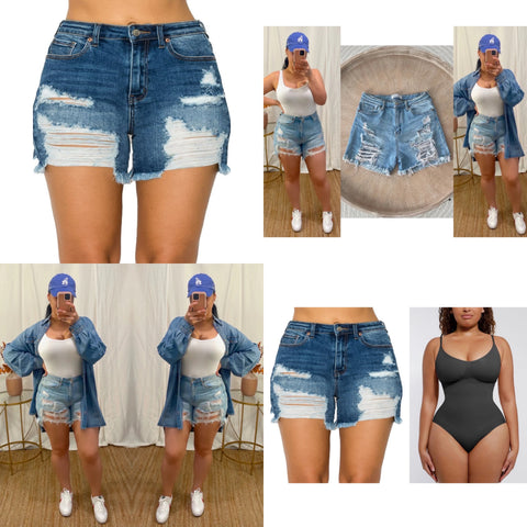 Denim Destructed High Waist Hem Mom Shorts