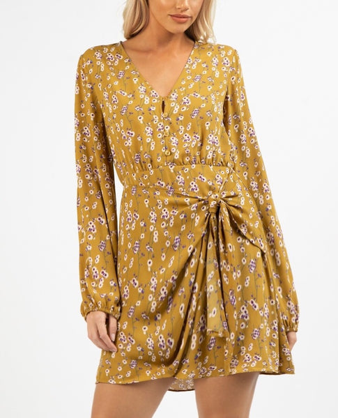 Mustard Floral Long Sleeve Mini Wrap Dress