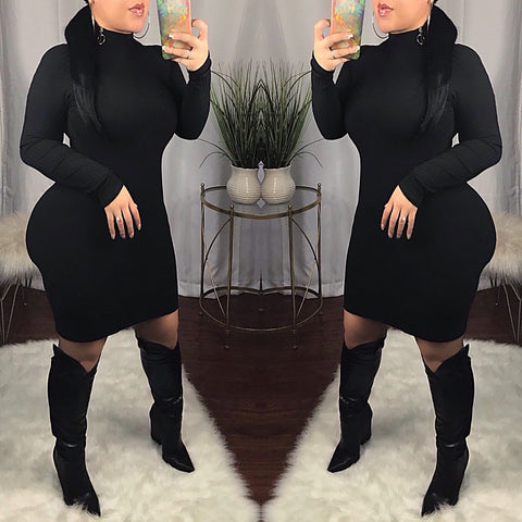 Black Side Neck Zipper Ribbed Dress