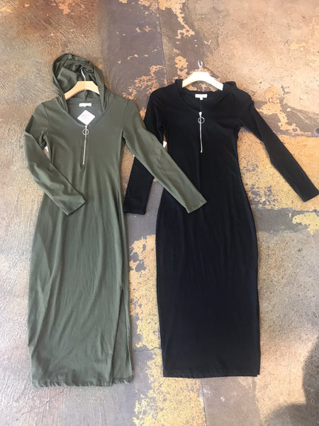 Olive Hoodie Long Sleeve Midi Dress