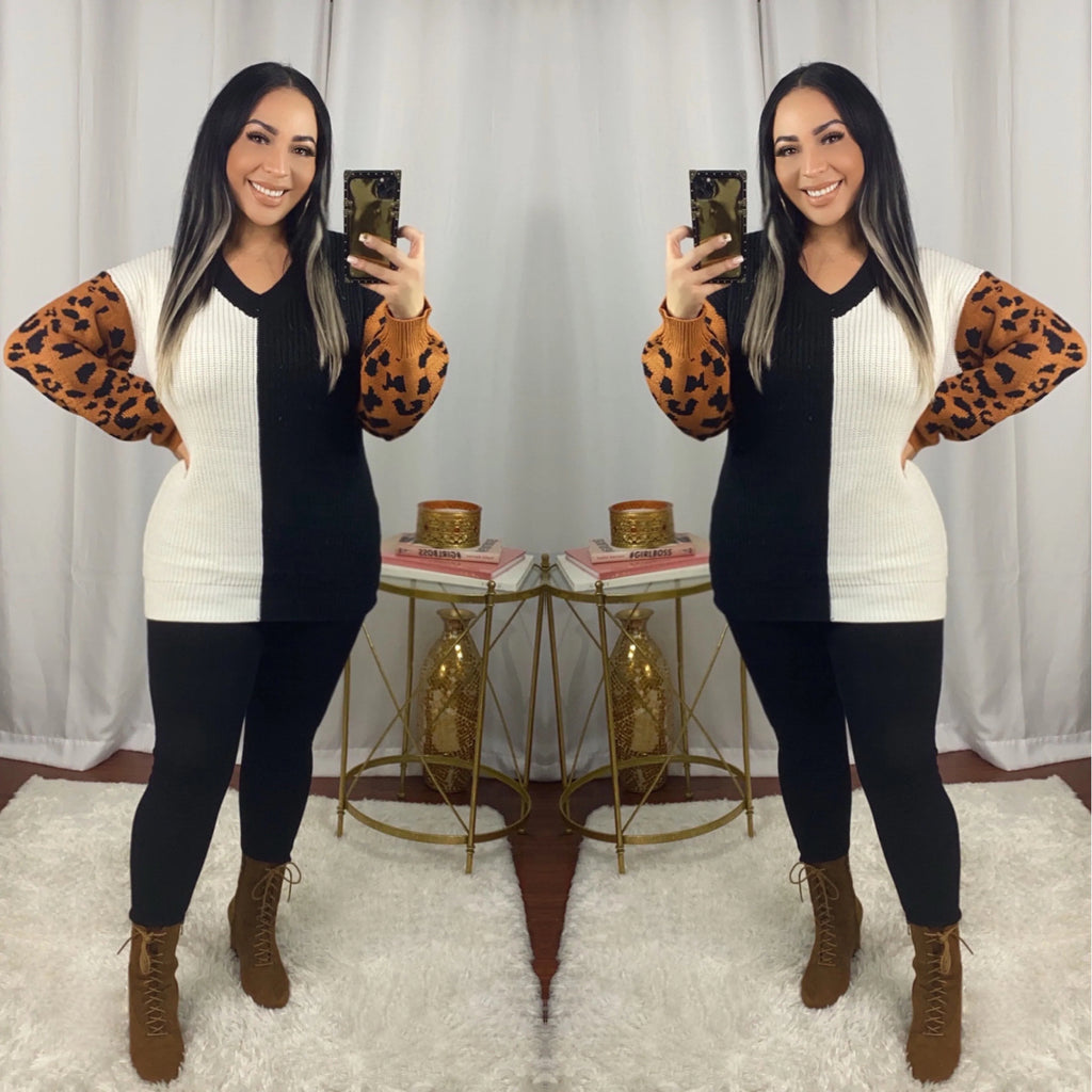 Knit Color Block Leopard Pullover Sweater