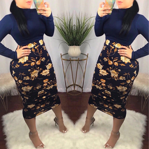 Navy Floral Ruched Pencil Skirt