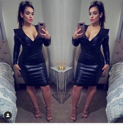 Black Faux Leather VNeck Dress