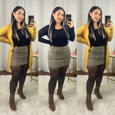Mustard High Waist Plaid Skirt