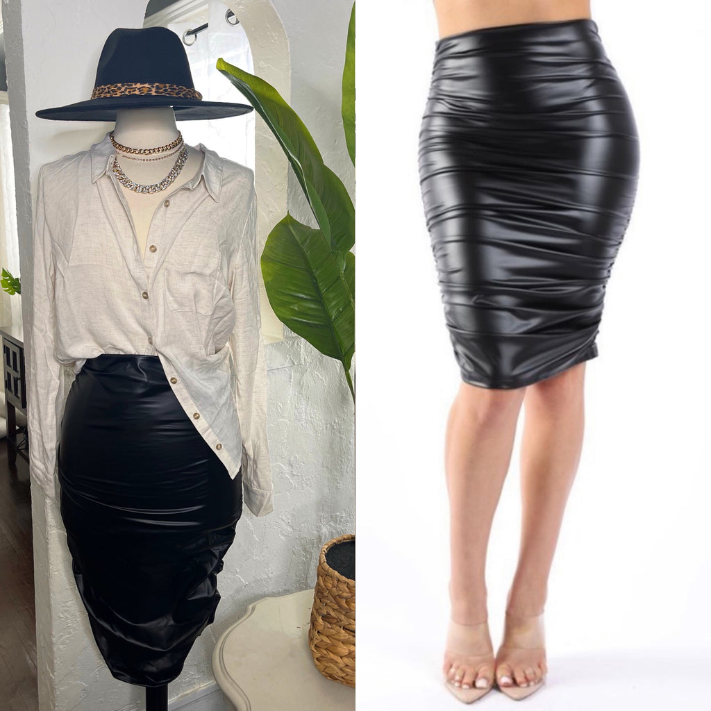Black Faux Leather Scruched Pencil Skirt