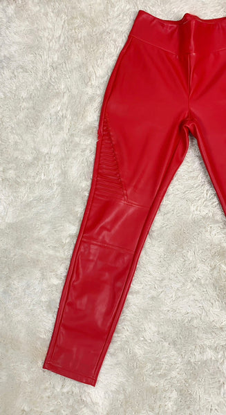 Red High Waist Leather Leggings