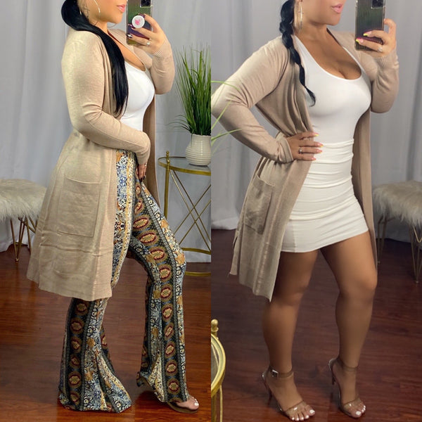 Khaki Basic Long Knit Cardigan