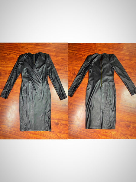 Black Faux Leather VNeck Dress